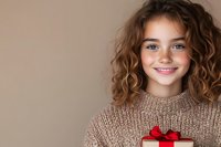 Young woman with curly brown hair wearing beige knit sweater holds wrapped present with red bow against neutral background, expressing genuine joy and warmth.