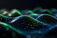 Abstract flowing waves with glowing green and blue particles against dark background create mesmerizing digital landscape effect. Futuristic design element.