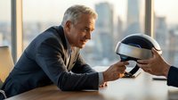 Senior businessman in navy blazer examining virtual reality headset during meeting with colleague in modern high-rise office overlooking cityscape.