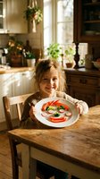 Happy young girl with messy blonde hair sitting at wooden kitchen table holding colorful vegetable face plate in cozy rustic home interior with plants.
