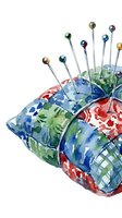 Watercolor patchwork pincushion with colorful fabric squares and metal pins isolated on white background for sewing crafts and quilting projects.