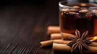 Dark aromatic composition with star anise, cinnamon sticks and cola drink with ice cubes on rustic wooden background, selective focus with copy space.