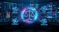 Digital justice scales with glowing compliance icons against futuristic city skyline. Legal technology concept for regulatory frameworks and governance systems.