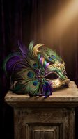 Ornate carnival mask with peacock feathers and gold details on wooden table with dramatic lighting for masquerade ball celebration.