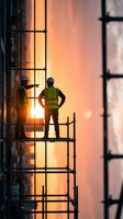 Construction workers on scaffolding at sunset discussing project plans with dramatic golden hour lighting and urban building development backdrop.