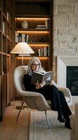 Senior Caucasian woman with gray hair and glasses reading book in modern armchair by illuminated bookshelf in contemporary living room with stone wall and fireplace.