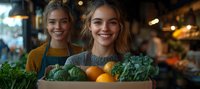 Young female grocery store workers holding fresh produce box with oranges and kale, wearing aprons in natural market setting with warm lighting and genuine smiles.
