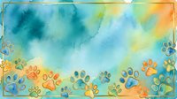 Watercolor painted paw prints in vibrant blue, orange, and yellow tones border a soft gradient sky background, suitable for pet-related designs and animal-themed projects.