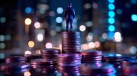 Businessman figurine standing on stacks of coins against blurred city lights background, representing financial success and investment growth concept.