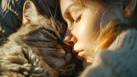 Young woman and striped cat sleeping together in warm sunlight, sharing tender intimate moment with closed eyes and gentle touch, peaceful cozy atmosphere.