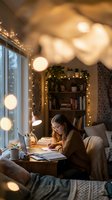 Young woman studying at cozy home workspace with warm fairy lights and books creating comfortable learning environment for remote work or education.