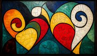 Vibrant stained glass mosaic pattern featuring stylized hearts in red, yellow, orange and white swirls against deep turquoise and blue background with crackle texture.