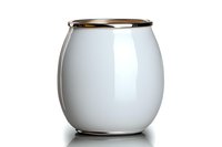 White ceramic round vase with metallic gold rim on reflective surface against white background, isolated decorative container for modern home decor and floral arrangements.