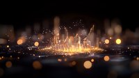 Glowing golden cityscape with illuminated skyscrapers and floating light particles creating magical urban atmosphere against dark background. Suitable for business presentations.