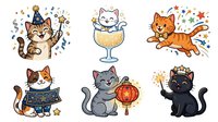 Cute cats celebrating party with festive decorations, balloons, and confetti. Isolated cartoon characters ready for greeting cards, invitations, and children's designs.