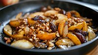 Caramelized pears and apples with honey glazed walnuts and raisins in cast iron pan, sweet autumn dessert with golden brown fruits and nuts.