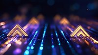 Glowing neon triangular shapes on dark background with blue light rays and bokeh effect creating futuristic technological perspective composition.