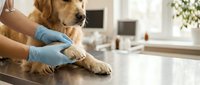 Young woman in blue latex gloves examining golden retriever dog paw on veterinary examination table in clinic. Healthcare and pet care concept.
