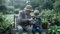 Grandfather and grandson bonding on garden bench surrounded by lush greenery, sharing precious moments together in peaceful outdoor setting.