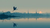 Silhouette of heron flying over calm lake at sunrise with city skyline reflection in water creating peaceful morning atmosphere for nature and urban harmony concepts.