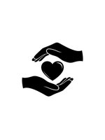 Protective hands surrounding black heart symbol representing care, love, support and compassion isolated on white background for healthcare designs.