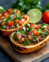 Mexican-style stuffed butternut squash boats filled with seasoned ground meat, fresh tomatoes, cilantro, and lime garnish served on wooden cutting board.