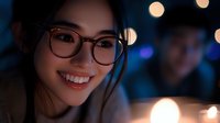 Young Asian woman wearing glasses smiling warmly in evening ambient lighting with soft bokeh background, creating intimate mood for lifestyle and portrait photography.