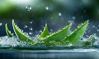 Fresh aloe vera leaves splashing in water with droplets forming on spiky edges, showcasing natural skincare ingredient in action.