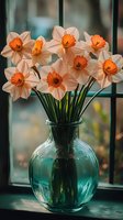 Fresh spring daffodils with white petals and orange centers arranged in turquoise glass vase on windowsill, natural daylight creating soft mood atmosphere.