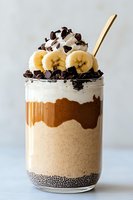 Layered banana smoothie with chia seeds, caramel sauce, whipped cream and chocolate chunks in mason jar, topped with fresh banana slices on white background.