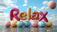 Colorful balloon letters spelling Relax with pastel polka dot balloons on reflective surface against cloudy sky background. Cheerful mood concept for wellness.