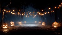 Spooky forest path illuminated by string lights and carved pumpkins with glowing faces creating atmospheric Halloween scene at night.