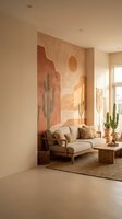 Modern southwestern living room with desert mural featuring cactus artwork, neutral sofa, and warm earth tone decor for contemporary home interior design.