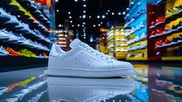 White sneaker on reflective surface in modern shoe store with colorful athletic footwear display shelves creating vibrant background lighting and mirror effect.