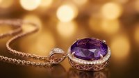 Amethyst gemstone pendant with silver chain on warm golden bokeh background, luxury jewelry design for fashion and accessory marketing.