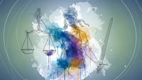 Lady Justice holding scales and sword in colorful watercolor style with blindfold representing legal system fairness and judicial balance concept.