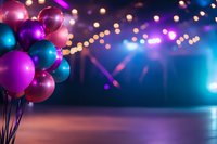 Festive balloons in purple and turquoise against blurred party lights background create magical atmosphere for celebration events and entertainment venues.