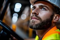 Male construction worker wearing safety helmet and high-visibility vest inspects industrial equipment at night. Professional tradesman in protective gear performs equipment maintenance and safety checks.