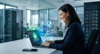 Professional businesswoman using laptop with cybersecurity holographic interface in modern office environment for digital protection and data security.