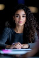 Young mixed race woman with curly dark hair wearing navy sweater smiling while working or studying in low light environment with bokeh background effect.