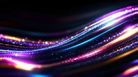 Glowing wavy lines with sparkles in neon colors of purple, blue and orange create dynamic motion effect against dark background. Abstract light trails design.
