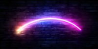 Glowing neon arc light effect on dark brick wall background, gradient from orange to pink and purple colors creating modern atmospheric lighting.