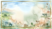 Watercolor farm landscape with cows grazing in pastoral fields, rustic barn and rolling hills. Hand drawn countryside scene with decorative floral border frame.