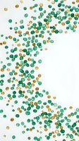 Scattered green and gold confetti dots on white background for party decorations, celebrations, festive designs and holiday greeting cards.