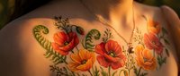 Colorful floral tattoo on shoulder featuring red and orange poppies with green botanical elements and fine line details. Suitable for tattoo inspiration and body art portfolios.