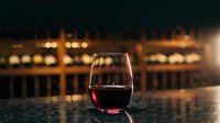 Glass of red wine on wet surface with blurred city lights and waterfront buildings in background, suitable for beverage, lifestyle, and hospitality design projects.