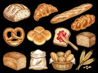 Assorted fresh baked bread, pastries, and bakery items isolated on transparent background. Ready for t-shirt design, clipart, stickers, print-on-demand, and sublimation projects.