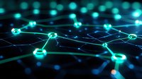 Glowing turquoise network connections on dark background with interconnected nodes forming digital mesh pattern, representing technology and data transfer concept.