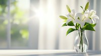 Elegant white lilies in clear glass vase on windowsill with soft natural light creating peaceful atmosphere for home decor or greeting card design.