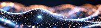 Glowing wave of light particles flowing on dark background with bokeh effect and sparkles creates futuristic abstract panoramic composition.